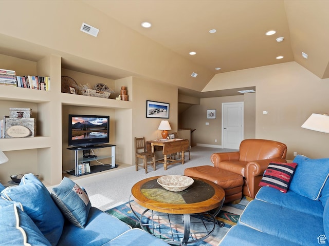 carpeted living room featuring built in shelves, lofted ceiling, recessed lighting, visible vents, and baseboards