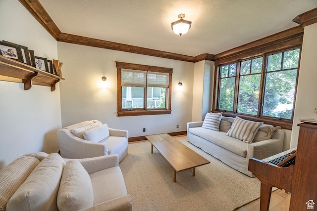 living area with light colored carpet and baseboards