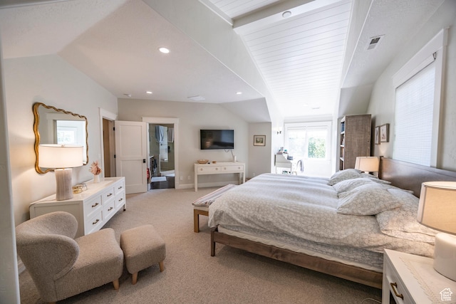 bedroom with lofted ceiling, recessed lighting, visible vents, and light colored carpet