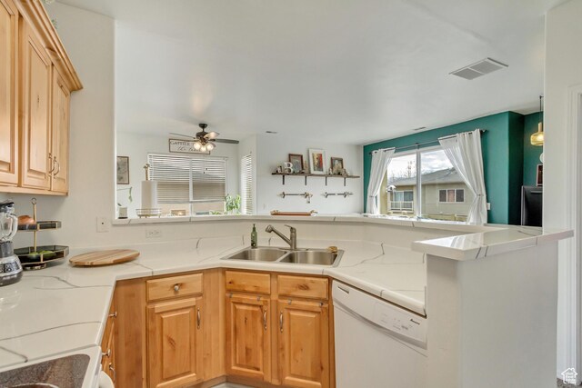 12793 S Timber Run Dr W, Riverton, UT 84096 - kitchen featuring visible vents, a ceiling fan, white dishwasher, light countertops, and a sink