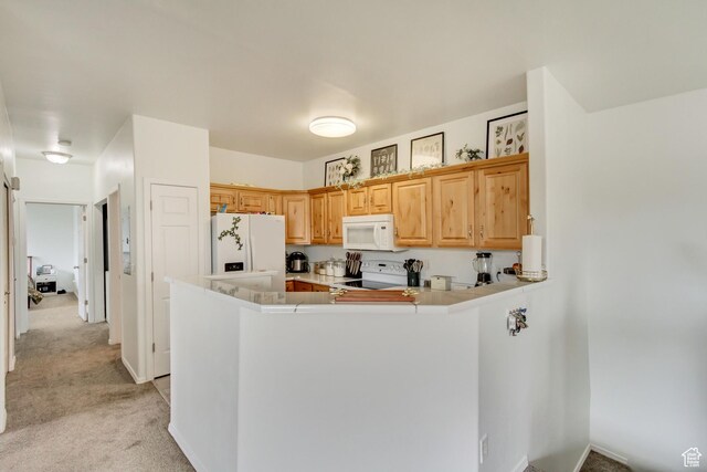12793 S Timber Run Dr W, Riverton, UT 84096 - kitchen with light carpet, white appliances, baseboards, a peninsula, and light countertops