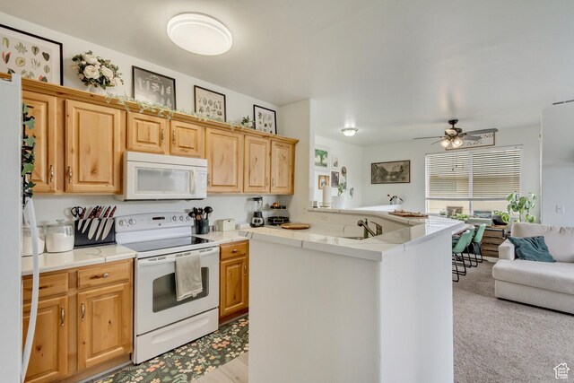 12793 S Timber Run Dr W, Riverton, UT 84096 - kitchen with white appliances, light countertops, light carpet, and open floor plan
