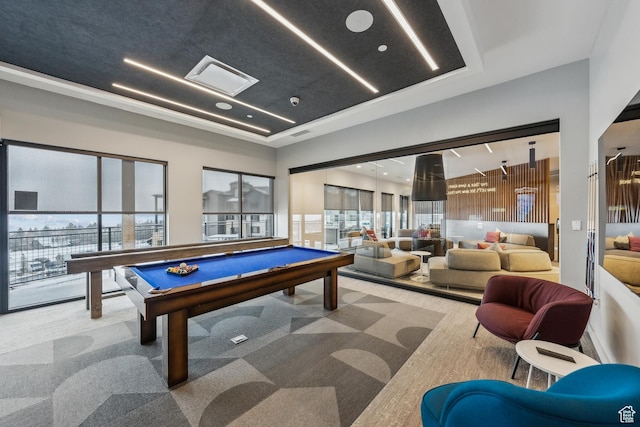 2670 W Canyons Resort Dr Unit 325, Park City, UT 84098 - recreation room with carpet, billiards, and a tray ceiling