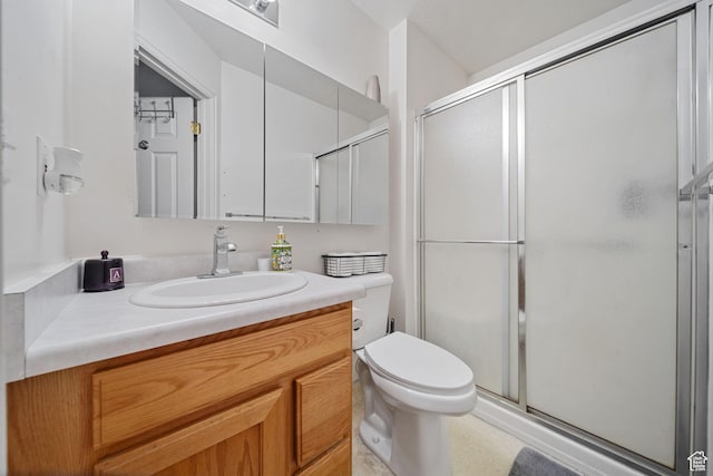 bathroom featuring toilet, a stall shower, and vanity