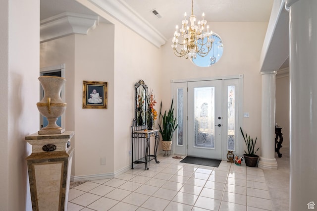 150 S Crystal Lakes Dr Unit 48, St George, UT 84770 - entryway with light tile patterned floors, a notable chandelier, visible vents, baseboards, and ornate columns