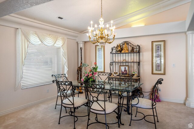 150 S Crystal Lakes Dr Unit 48, St George, UT 84770 - dining area featuring carpet floors, decorative columns, visible vents, and baseboards