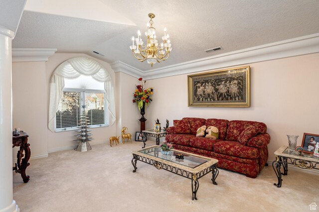 150 S Crystal Lakes Dr Unit 48, St George, UT 84770 - carpeted living area with visible vents, vaulted ceiling, a textured ceiling, and an inviting chandelier