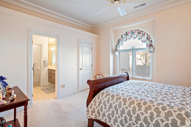 150 S Crystal Lakes Dr Unit 48, St George, UT 84770 - bedroom with baseboards, visible vents, light colored carpet, ornamental molding, and ensuite bathroom
