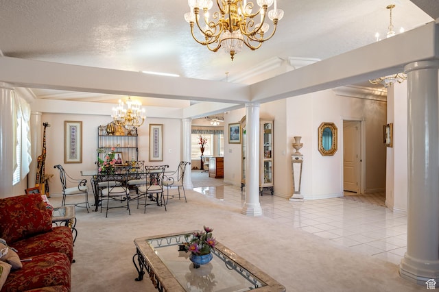 150 S Crystal Lakes Dr Unit 48, St George, UT 84770 - carpeted living area with a notable chandelier, decorative columns, a textured ceiling, tile patterned flooring, and baseboards
