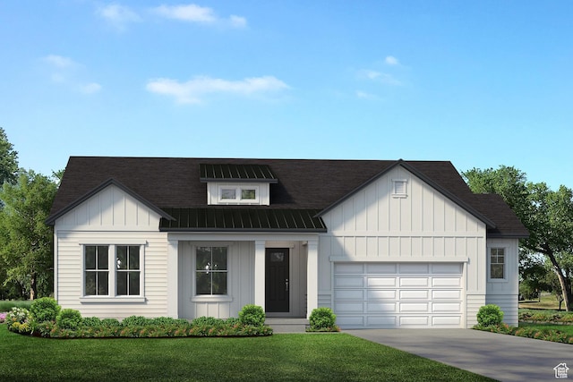 modern farmhouse with roof with shingles, an attached garage, board and batten siding, driveway, and a front yard