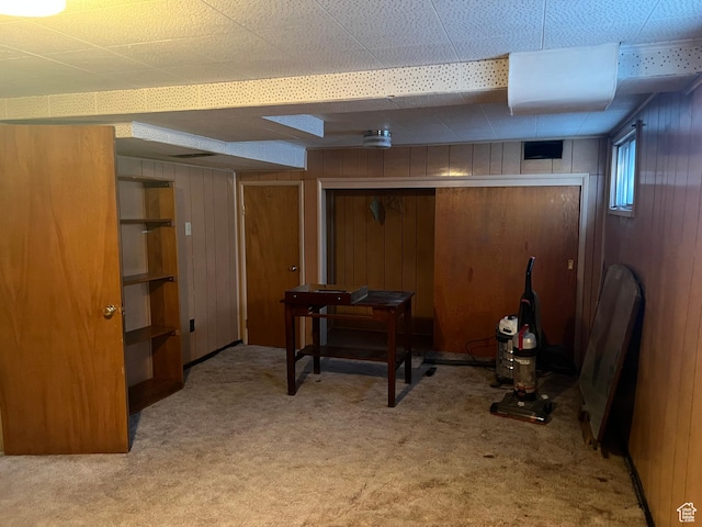 basement with wooden walls and carpet floors