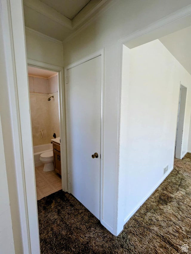 hallway with crown molding and carpet flooring