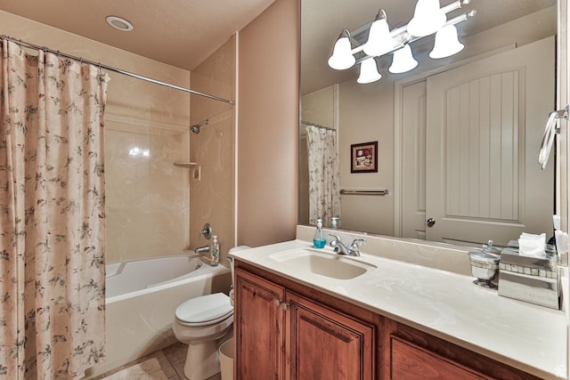 bathroom featuring shower / tub combo, vanity, toilet, and tile patterned floors