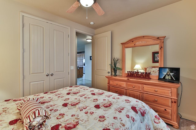 bedroom with a closet and a ceiling fan
