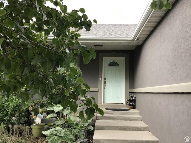 entrance to property featuring roof with shingles and stucco siding