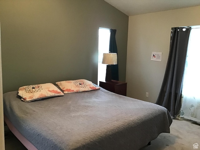 bedroom featuring lofted ceiling and carpet