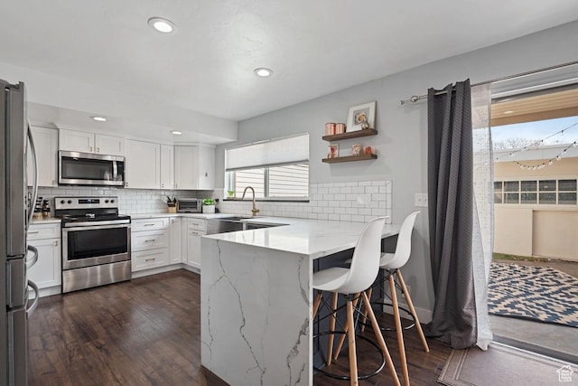 725 E Three Fountains Cir S Unit 60, Murray, UT 84107 - kitchen featuring tasteful backsplash, appliances with stainless steel finishes, white cabinets, light stone countertops, and a peninsula