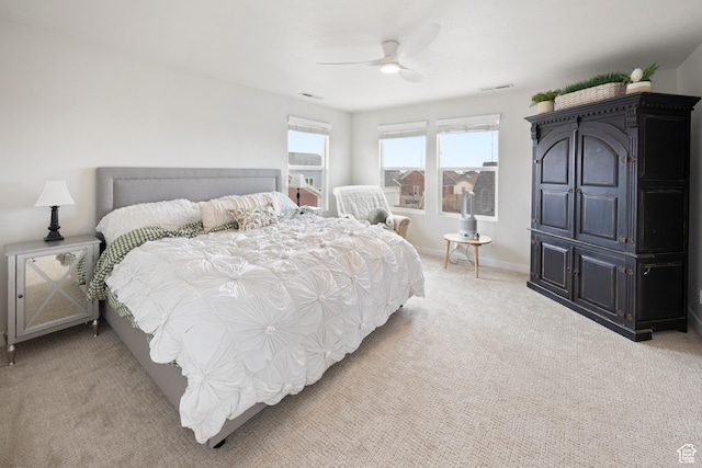 417 N Hill Farms Ln, Kaysville, UT 84037 - bedroom featuring visible vents, baseboards, ceiling fan, and light colored carpet