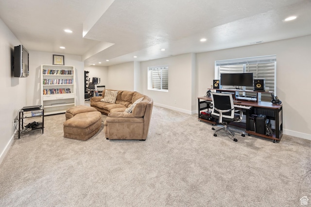417 N Hill Farms Ln, Kaysville, UT 84037 - living room with visible vents, baseboards, carpet flooring, and recessed lighting