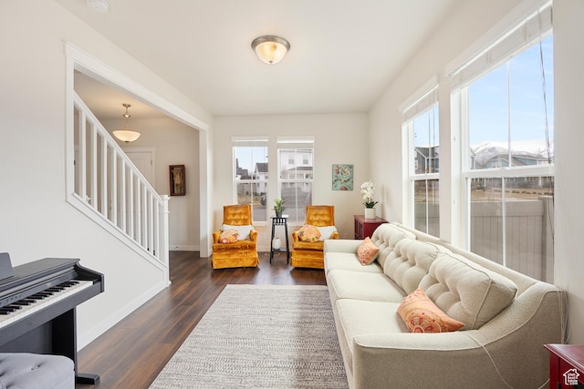 417 N Hill Farms Ln, Kaysville, UT 84037 - living area with stairs, baseboards, and dark wood finished floors