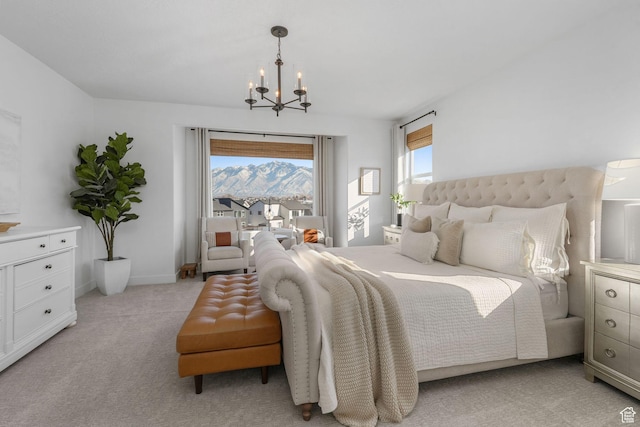 bedroom featuring light carpet, access to outside, baseboards, and an inviting chandelier