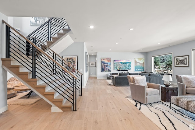2344 Nighthawk Cir, Park City, UT 84098 - living room with light wood-style floors, stairs, baseboards, and recessed lighting