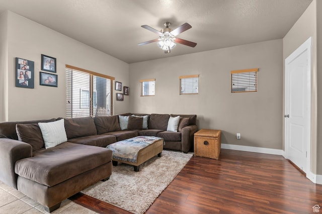 2616 N Elm Dr, Lehi, UT 84043 - living area featuring dark wood-style floors, ceiling fan, and baseboards