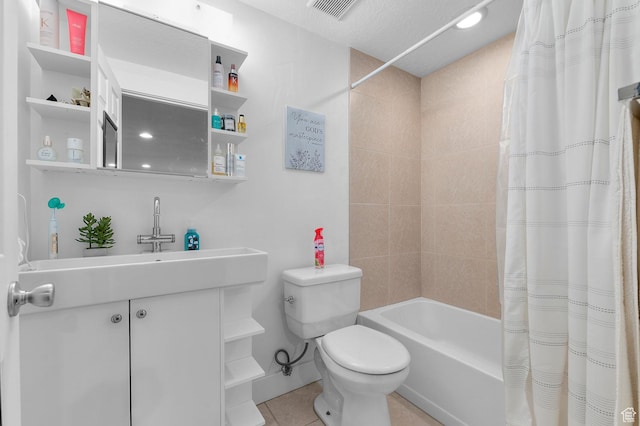2616 N Elm Dr, Lehi, UT 84043 - bathroom featuring visible vents, toilet, tile patterned flooring, shower / bathtub combination with curtain, and vanity