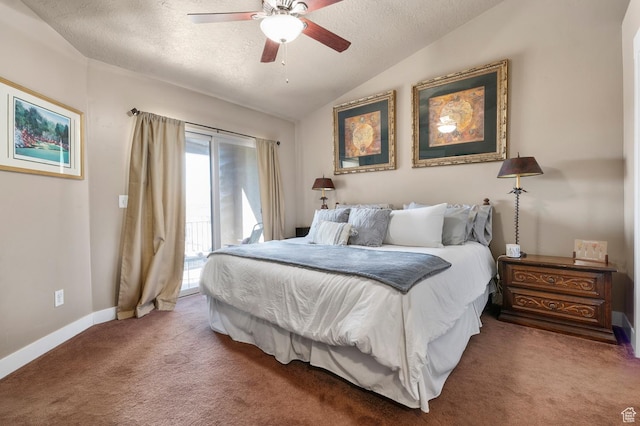 2616 N Elm Dr, Lehi, UT 84043 - carpeted bedroom with baseboards, ceiling fan, access to exterior, vaulted ceiling, and a textured ceiling