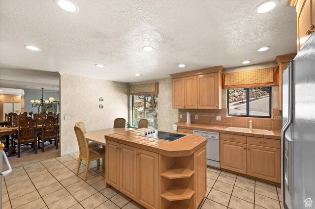 3604 S Crestwood Dr, Salt Lake City, UT 84109 - kitchen with white appliances, a sink, tile counters, decorative backsplash, and open shelves