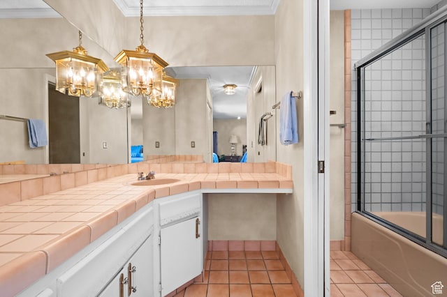 3604 S Crestwood Dr, Salt Lake City, UT 84109 - bathroom featuring ornamental molding, tile patterned flooring, vanity, and bath / shower combo with glass door