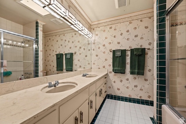 3604 S Crestwood Dr, Salt Lake City, UT 84109 - full bath featuring tile patterned flooring, a sink, a tile shower, wallpapered walls, and crown molding