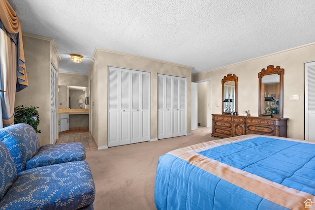 3604 S Crestwood Dr, Salt Lake City, UT 84109 - bedroom with a textured ceiling, carpet flooring, two closets, and crown molding