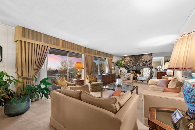 3604 S Crestwood Dr, Salt Lake City, UT 84109 - living area featuring carpet floors and a stone fireplace
