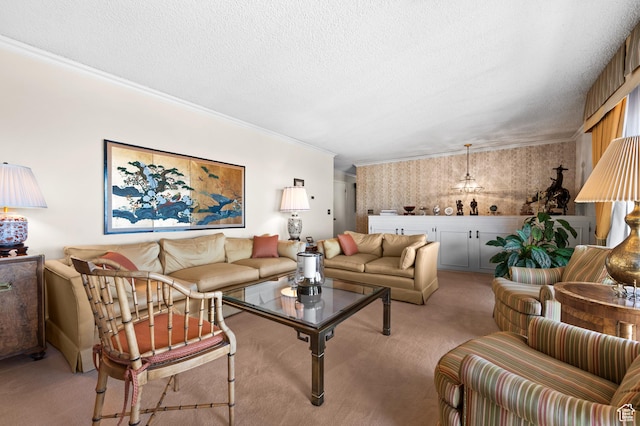 3604 S Crestwood Dr, Salt Lake City, UT 84109 - living room featuring light carpet, ornamental molding, and a textured ceiling