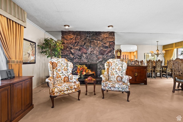 3604 S Crestwood Dr, Salt Lake City, UT 84109 - sitting room with light carpet, crown molding, a textured ceiling, and a stone fireplace