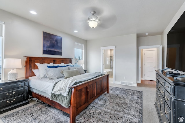 1407 E Abigail Ln, Eagle Mountain, UT 84005 - bedroom featuring carpet, recessed lighting, visible vents, ensuite bathroom, and baseboards
