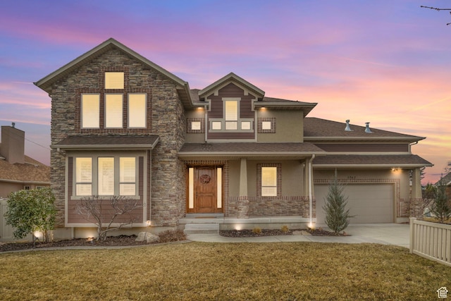 view of front of property featuring stucco siding, a porch, concrete driveway, a lawn, and a garage