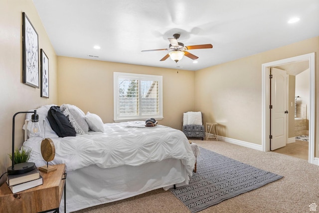 bedroom featuring carpet, baseboards, a ceiling fan, and recessed lighting