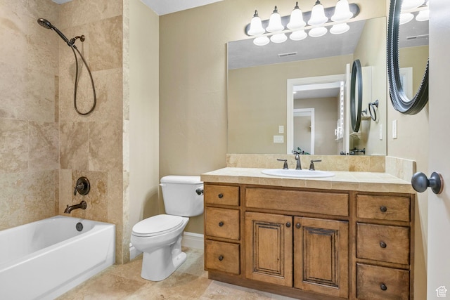 bathroom with toilet, shower / tub combination, visible vents, and vanity