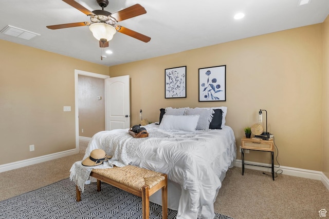 carpeted bedroom featuring a ceiling fan, recessed lighting, visible vents, and baseboards