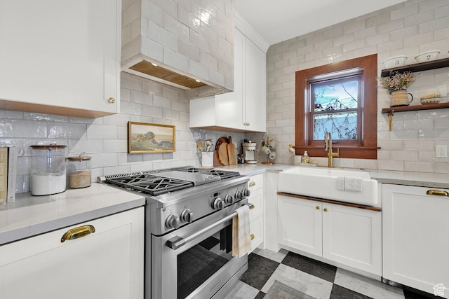 kitchen with high end range, tasteful backsplash, white cabinets, a sink, and custom range hood