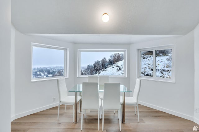 dining space with baseboards and light wood-style floors
