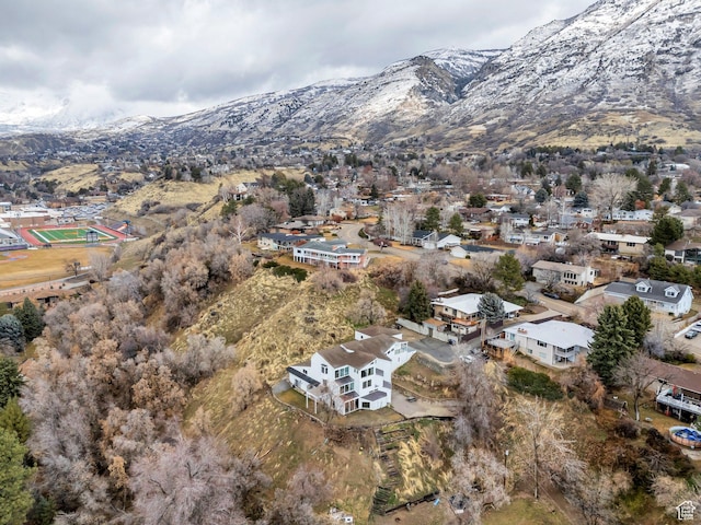drone / aerial view featuring a mountain view