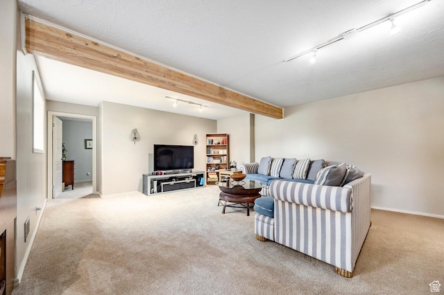 1494 W Meadow Loop Rd, Park City, UT 84098 - carpeted living area with baseboards, track lighting, and beam ceiling