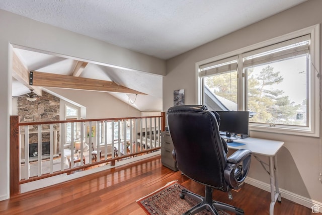 1494 W Meadow Loop Rd, Park City, UT 84098 - office with a textured ceiling, baseboards, vaulted ceiling with beams, and wood finished floors