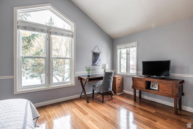 1494 W Meadow Loop Rd, Park City, UT 84098 - home office featuring vaulted ceiling, baseboards, and light wood-style floors