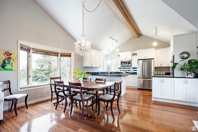 1494 W Meadow Loop Rd, Park City, UT 84098 - dining room with baseboards, a chandelier, high vaulted ceiling, wood finished floors, and beam ceiling