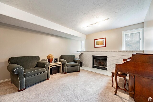 1494 W Meadow Loop Rd, Park City, UT 84098 - living area with track lighting, carpet, a textured ceiling, and a fireplace