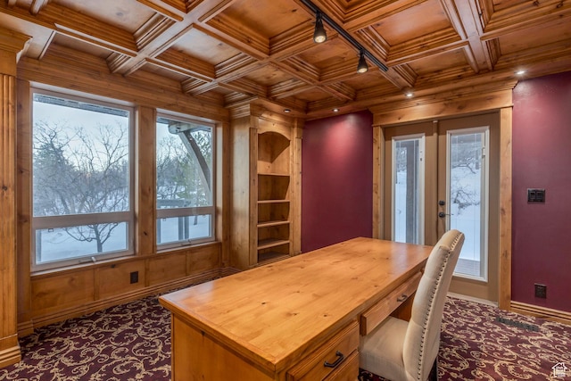 2008 N 3850 E, Eden, UT 84310 - office area with dark colored carpet, wooden ceiling, french doors, and coffered ceiling